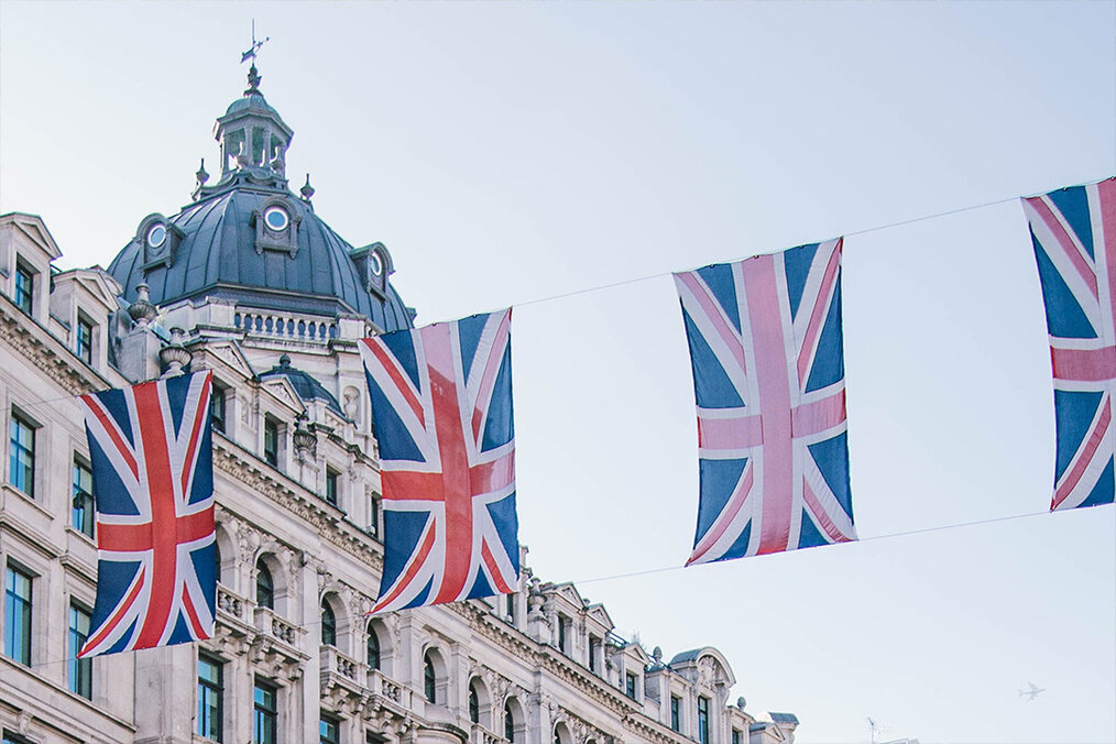 English flags hung along a wire in London